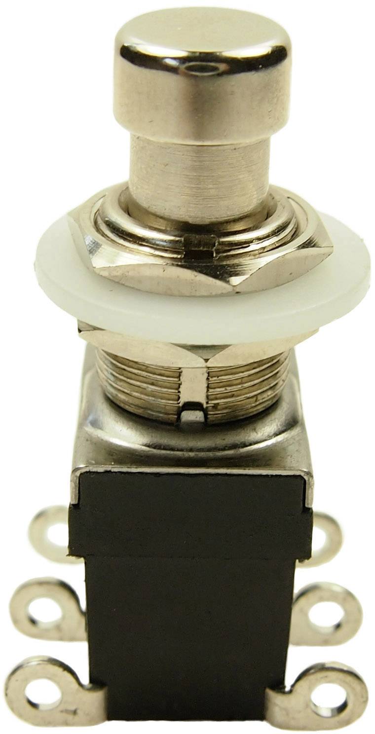 A metallic foot switch with multiple sockets, typically used for electrical equipment or musical instruments.