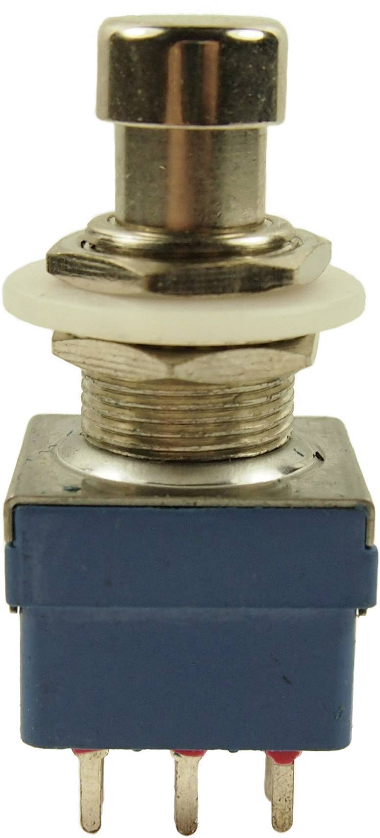 Metal switch with blue plastic housing and three connection pins, suitable for use in electrical circuits.