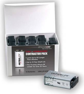 An open pack of 9-volt lithium batteries. Text reads: 'CONTRACTOR PACK', 'Longer lasting than alkaline', '10-year storage life'.