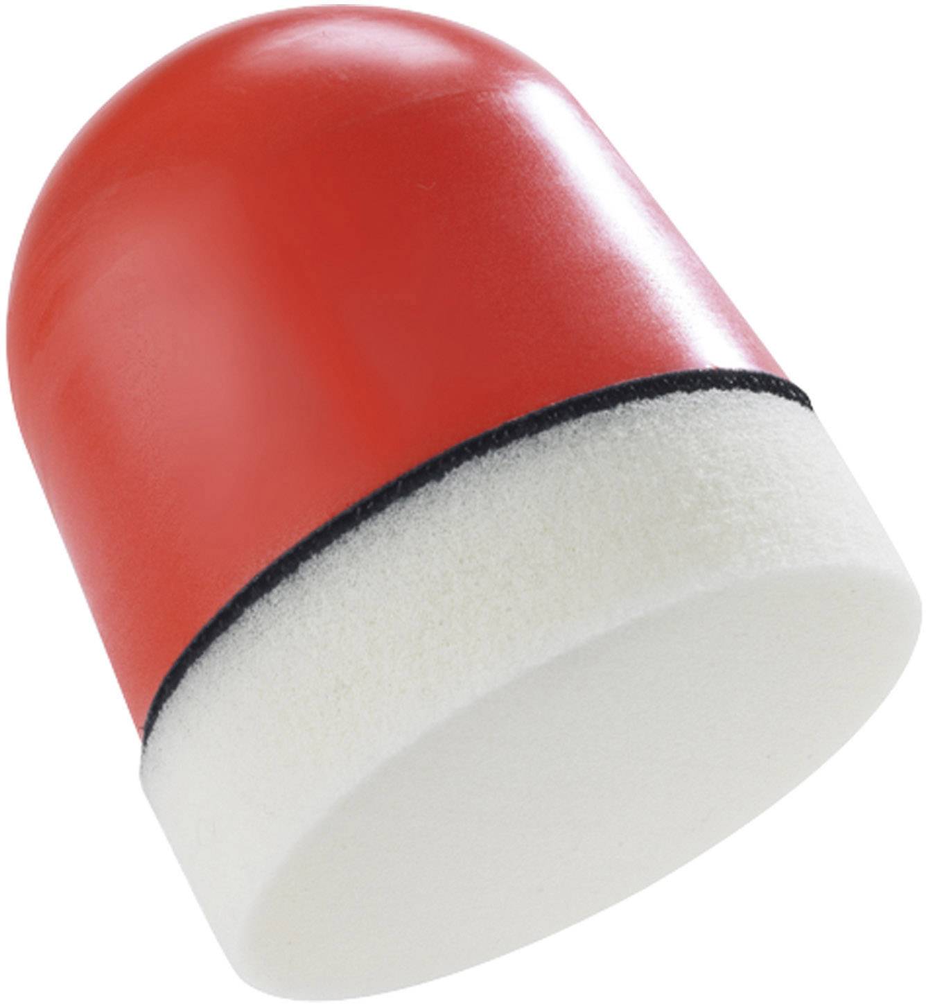 Red and white foam applicator with a rounded top, suitable for polishing or cleaning surfaces.