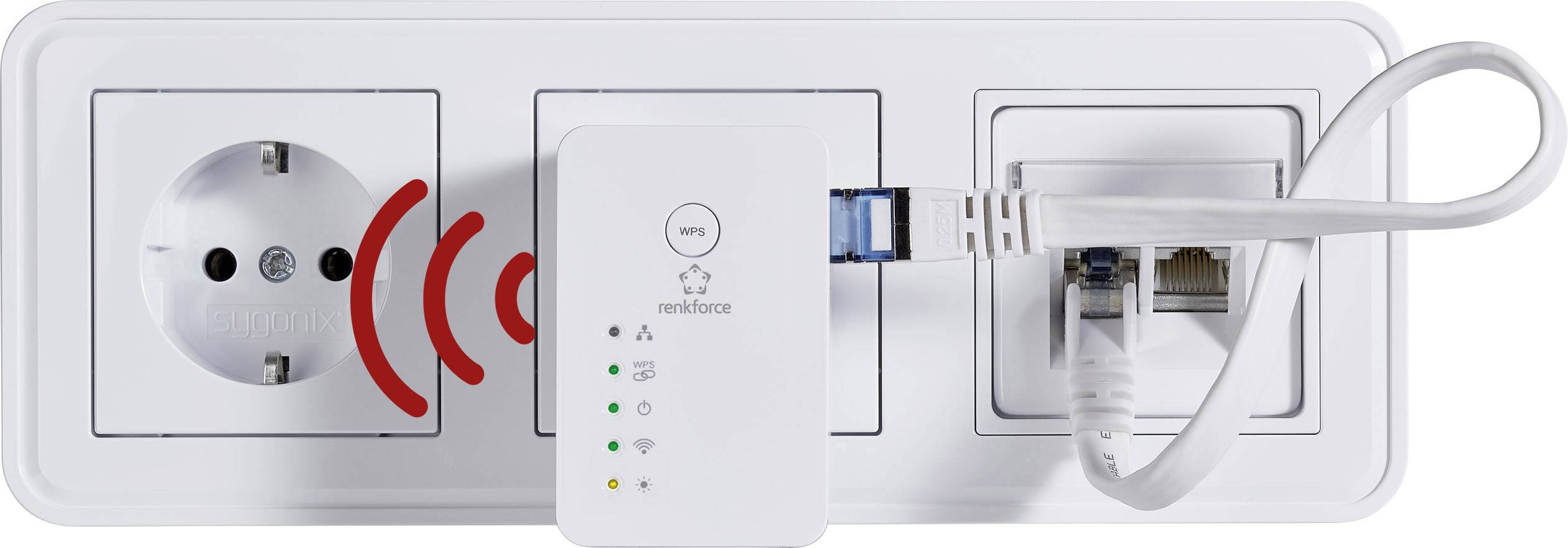 A plug socket adapter with a Wi-Fi symbol, connected to a network plug and Ethernet cable, indicates the internet connection.