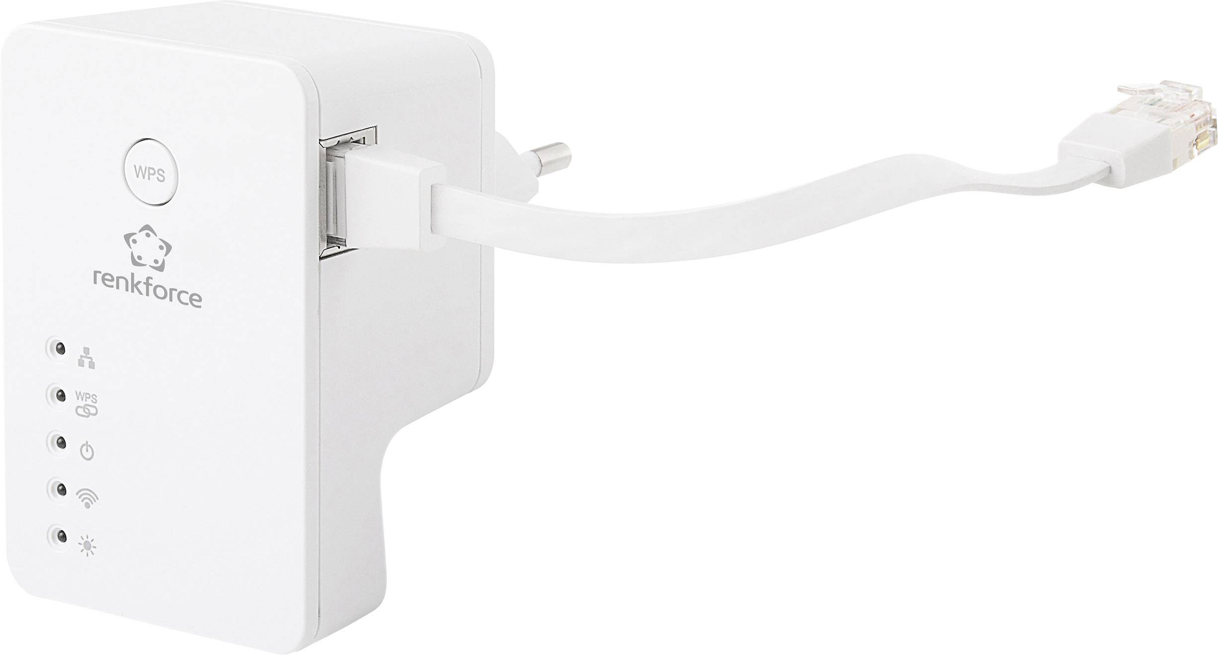 Wi-Fi repeater with WPS button, Ethernet port and status LEDs for signal strength and connectivity. Marked with 'renkforce' logo.