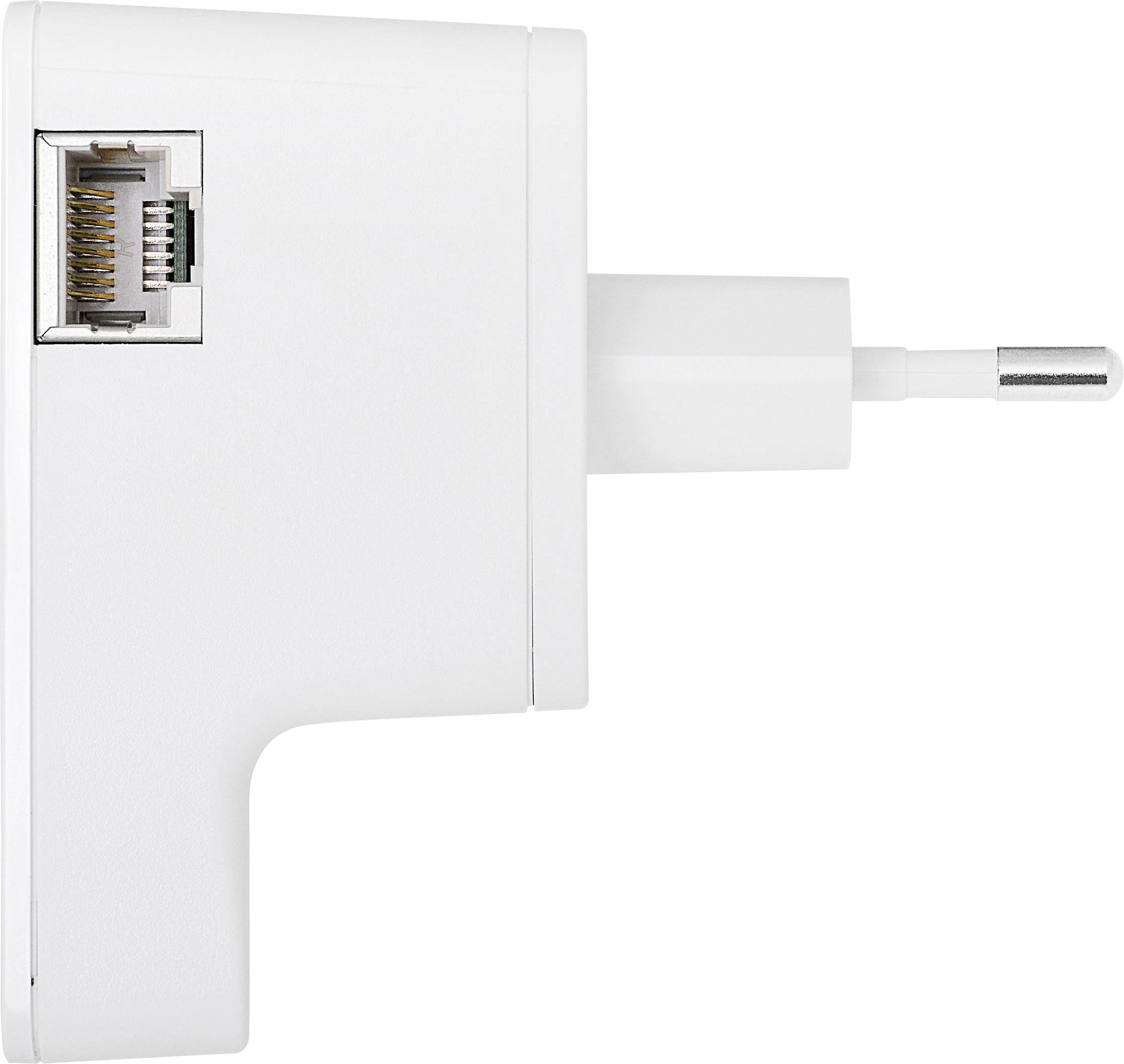 A white charger with an Ethernet port on the left side, pictured from the side, shows the power plugs and connections.