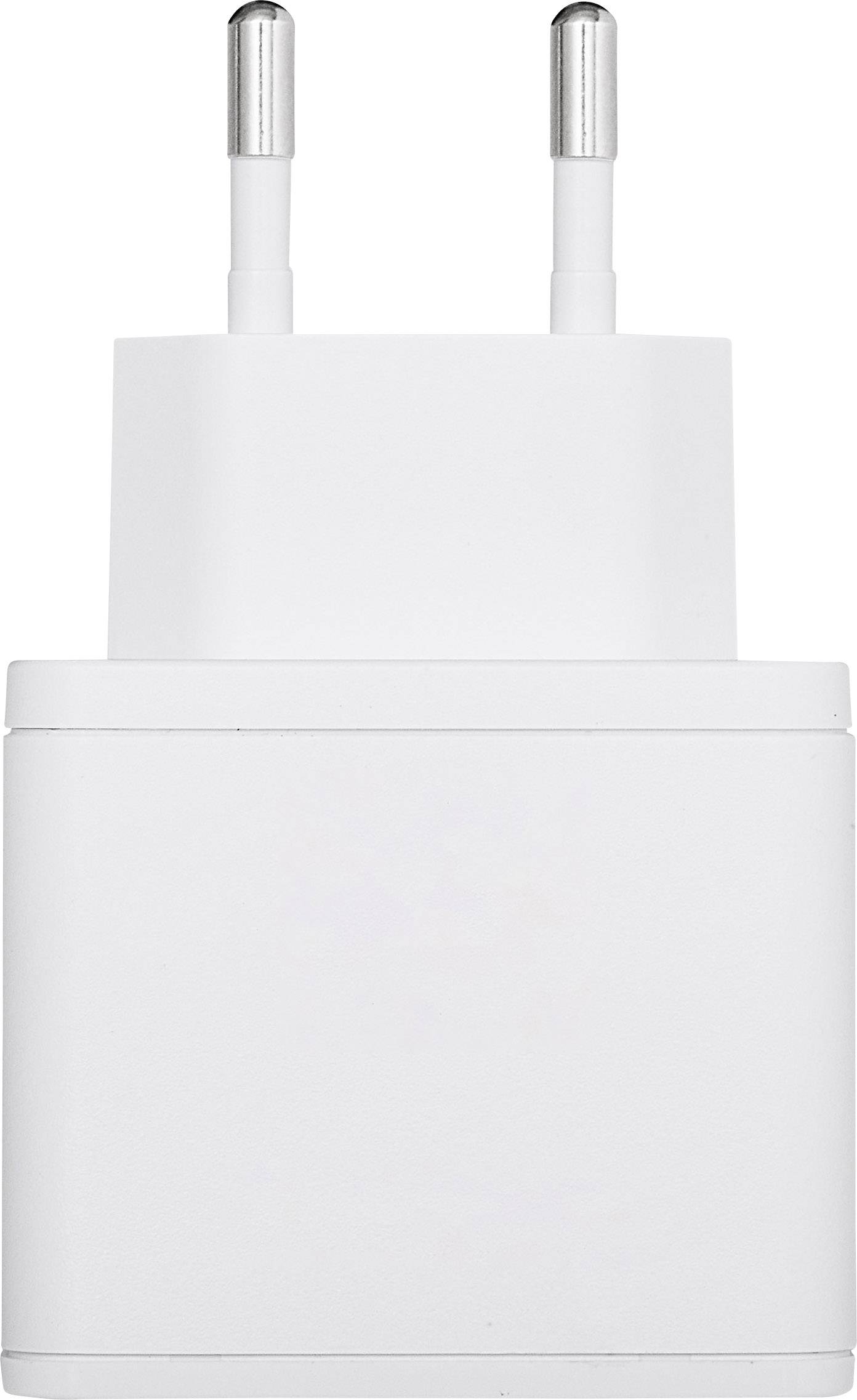 A white charger with two round European plug pins, suitable for electrical devices in Europe.