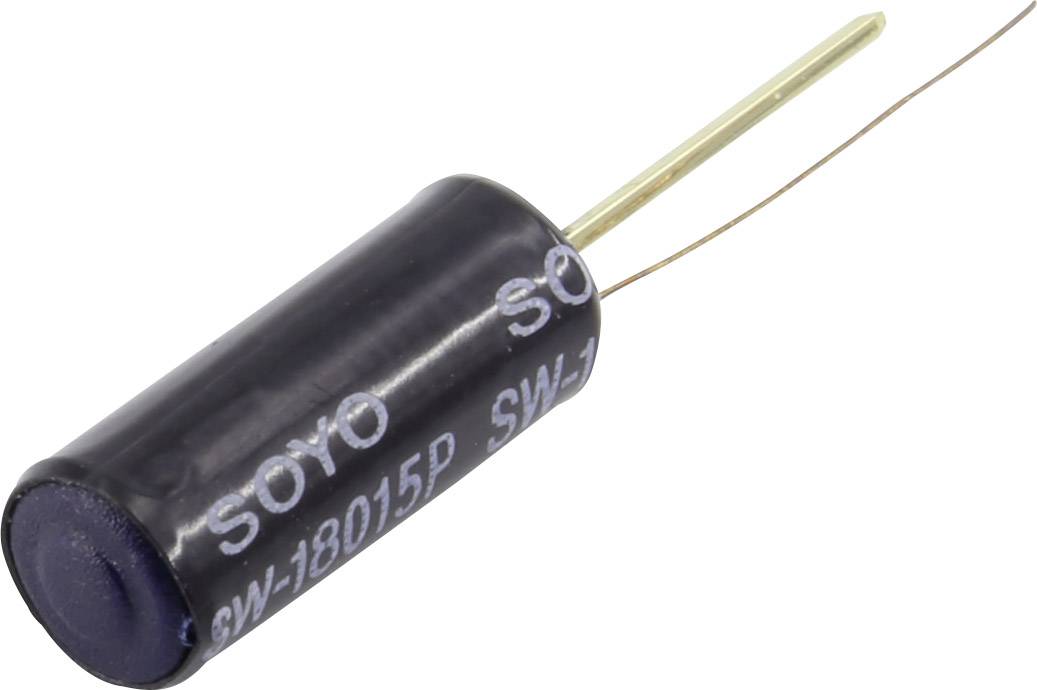 A cylindrical, black electrical capacitor with the inscription 'SOYO SW-18015P' and two protruding wire connections.