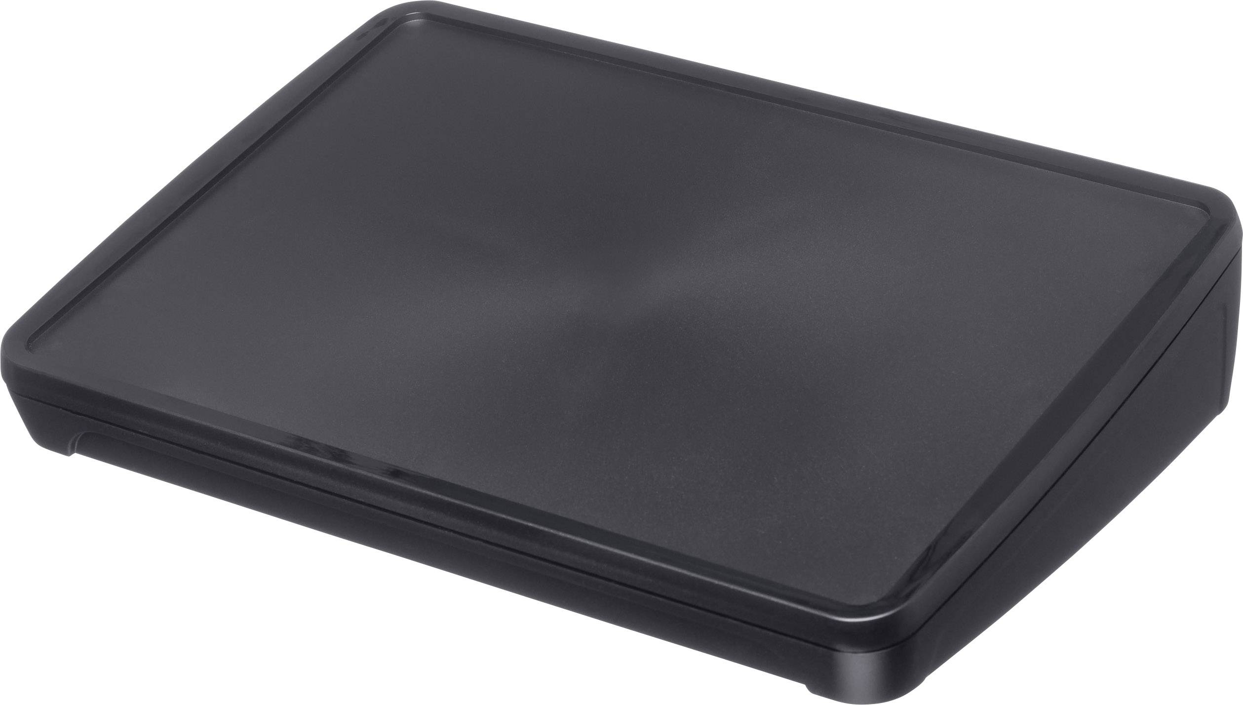 A rectangular, black laptop cooling stand with a slightly angled design to improve air circulation underneath the laptop.