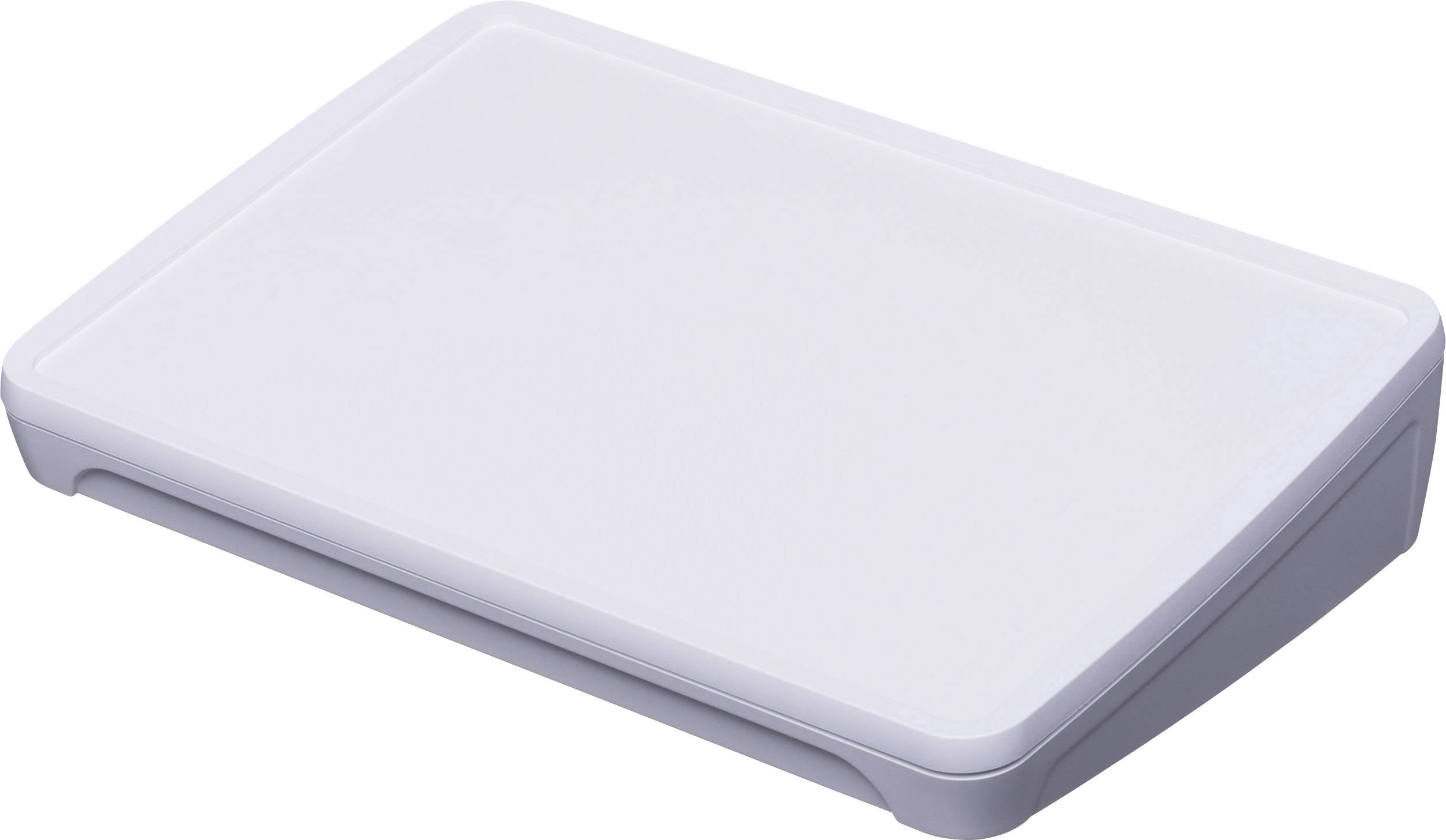 A white, rectangular chopping board with rounded corners lies flat on a surface.