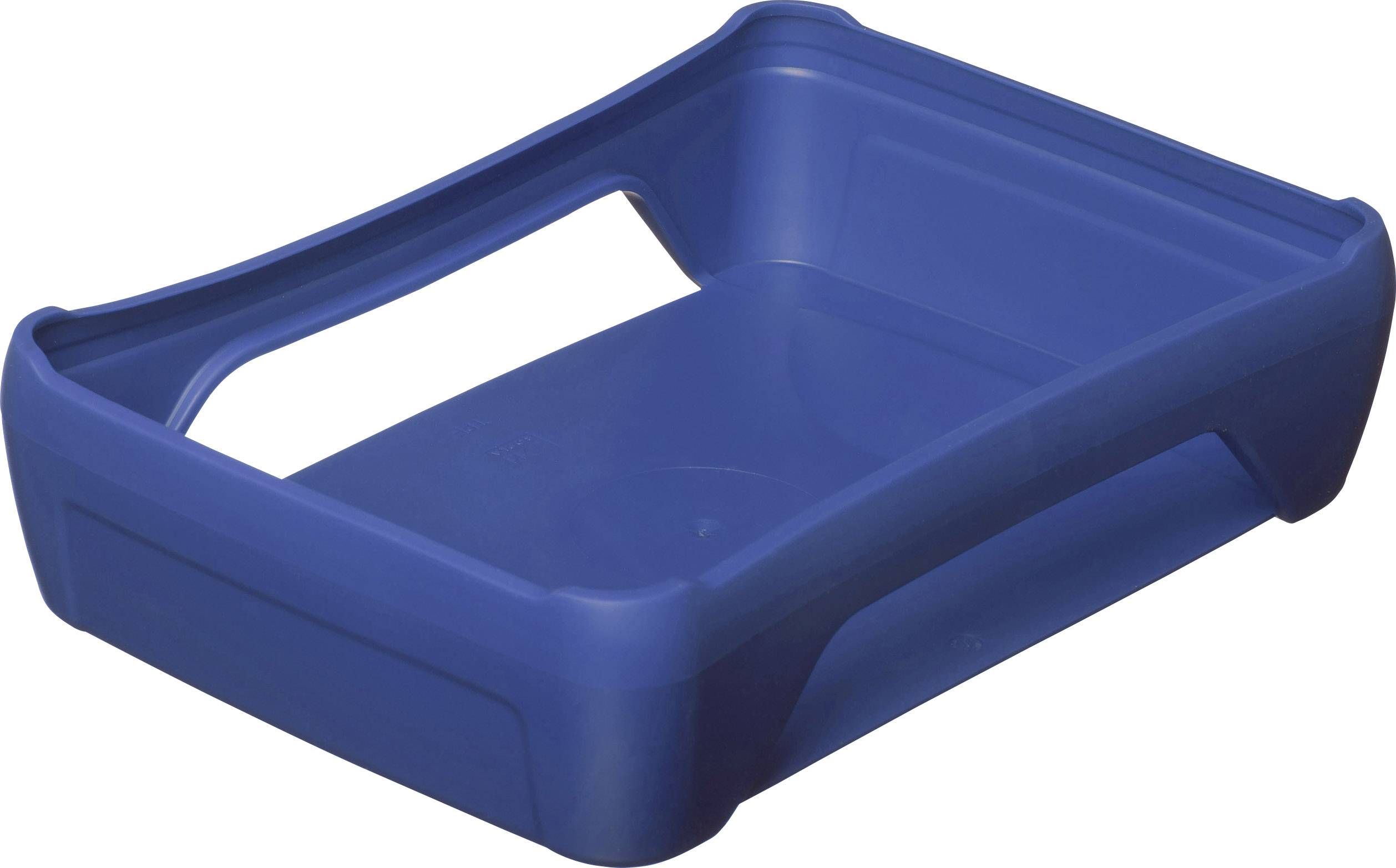 Blue plastic container with raised edges and an open handle, suitable for storing small items or documents.
