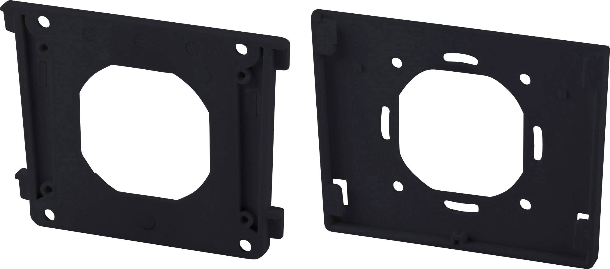 Two black square plastic mounting brackets with recesses for installing devices or components.