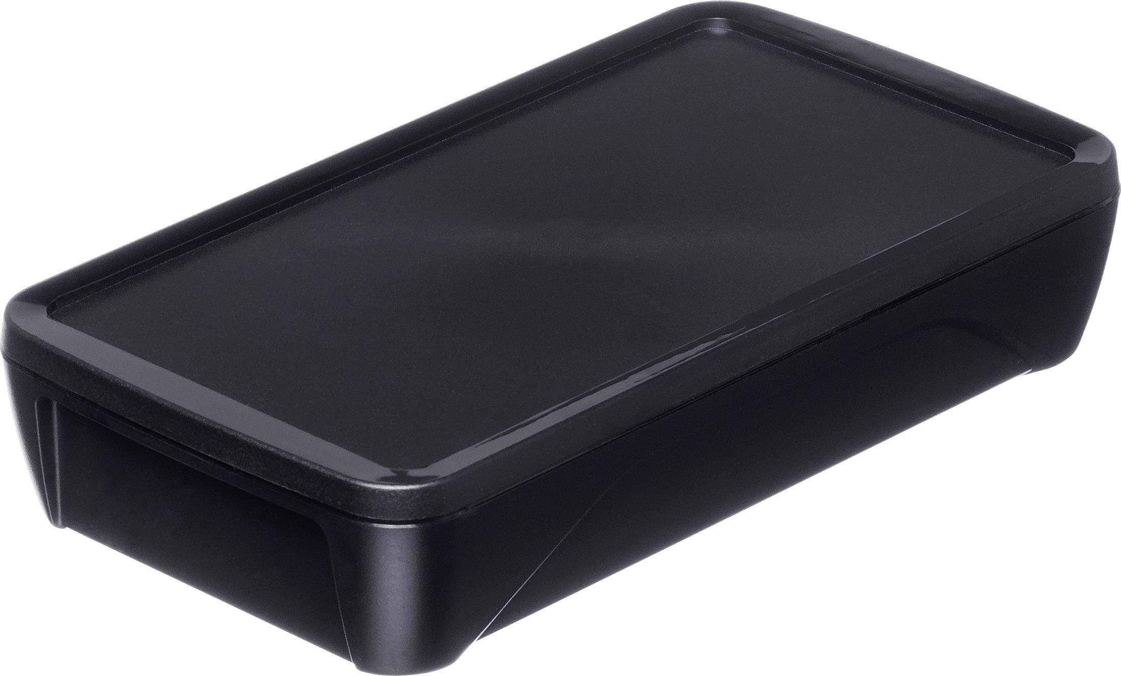 Small, black, rectangular plastic enclosure; likely used for housing electronic components; closed, simple design.Note: This translation is already in British English and does not require significant modification.