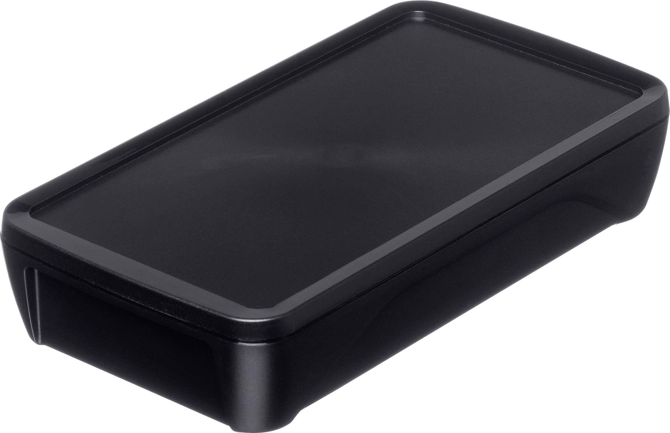 A black, rectangular plastic box with rounded corners, a flat top surface, and slightly raised edges.