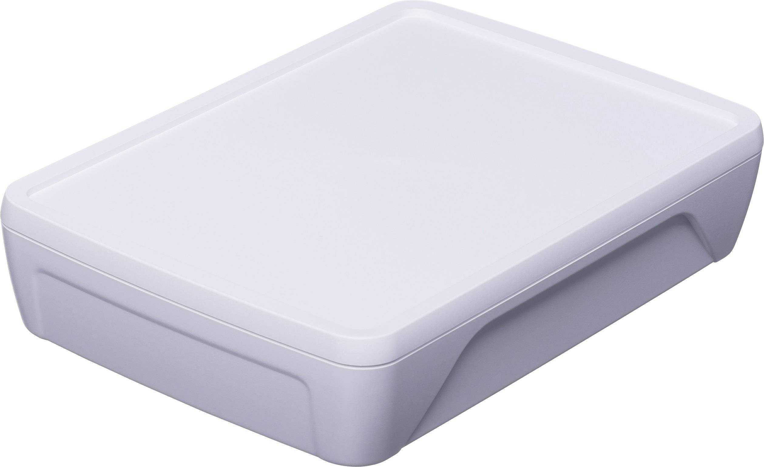 A closed, rectangular, white plastic box standing upright, serving as a storage container.