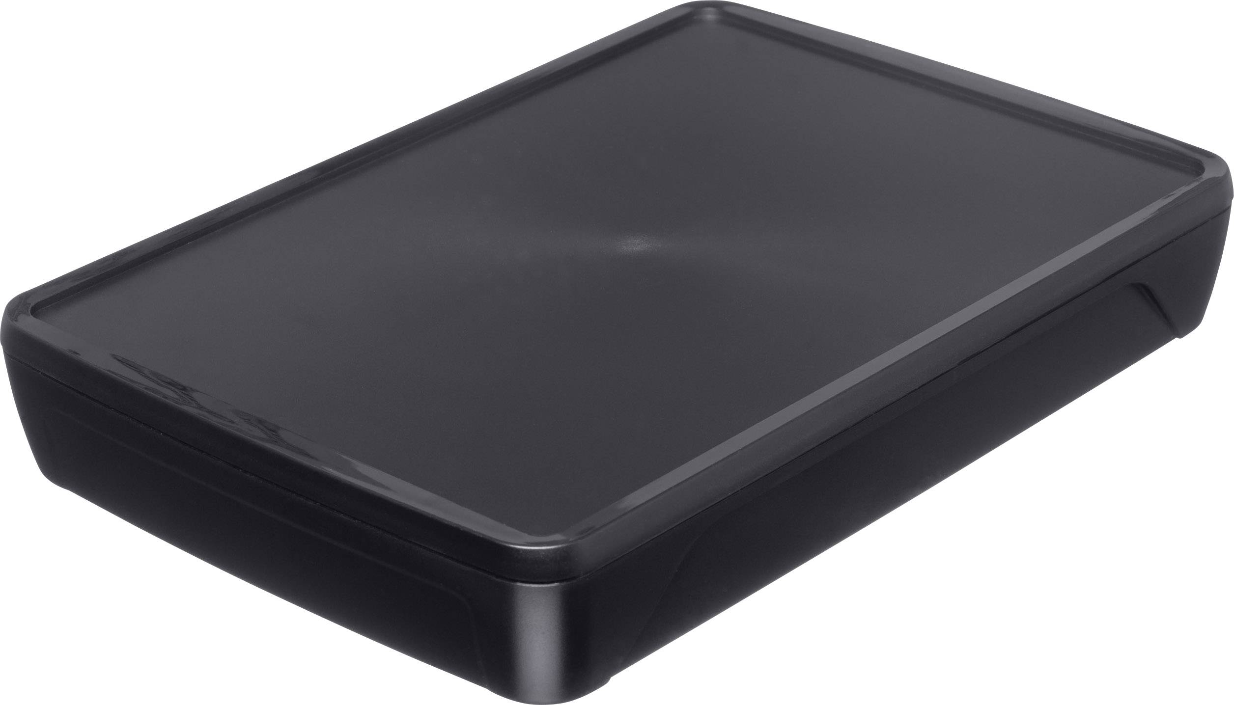 A black rectangular serving dish with rounded corners.