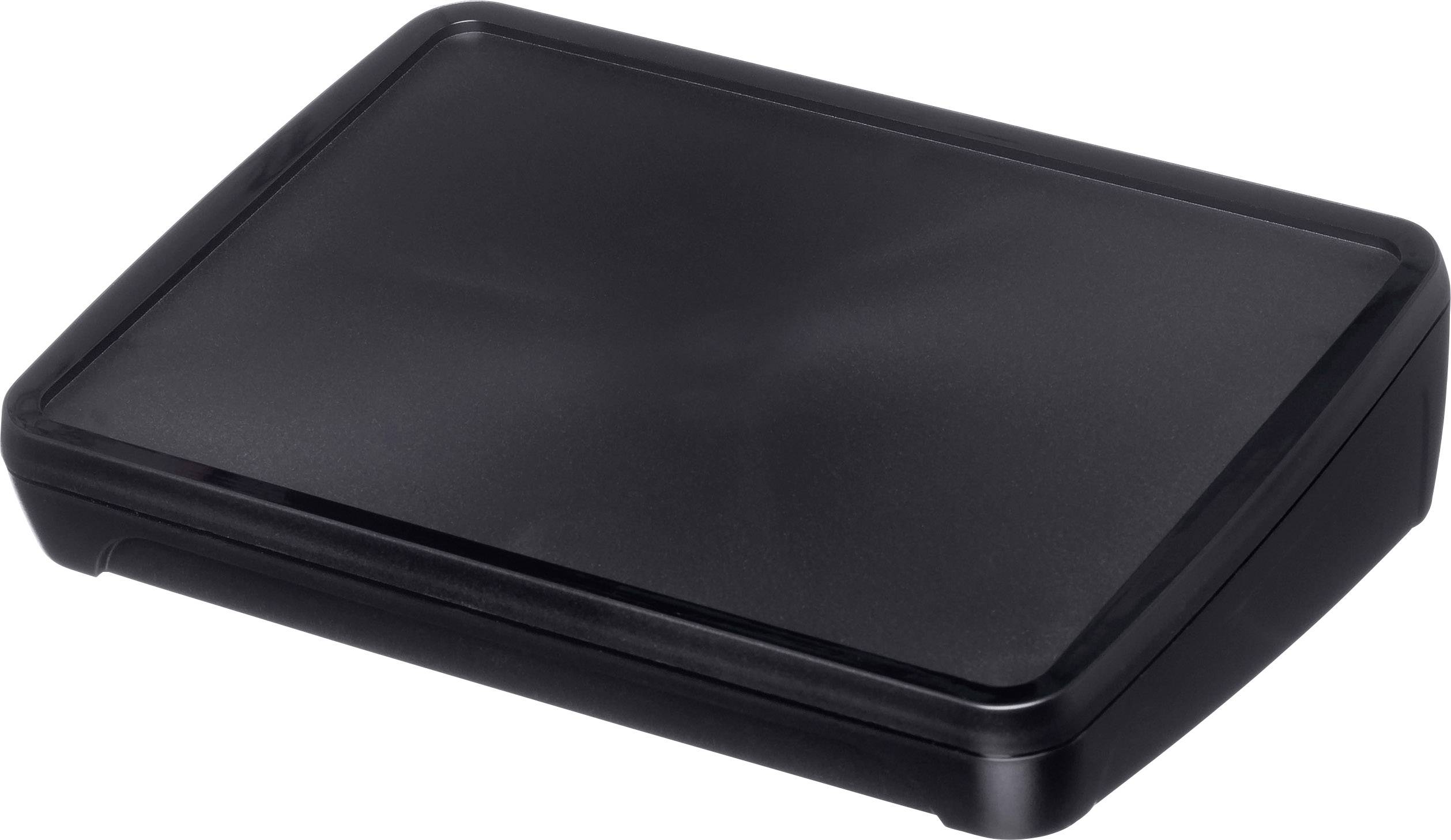A rectangular, black plastic lid.