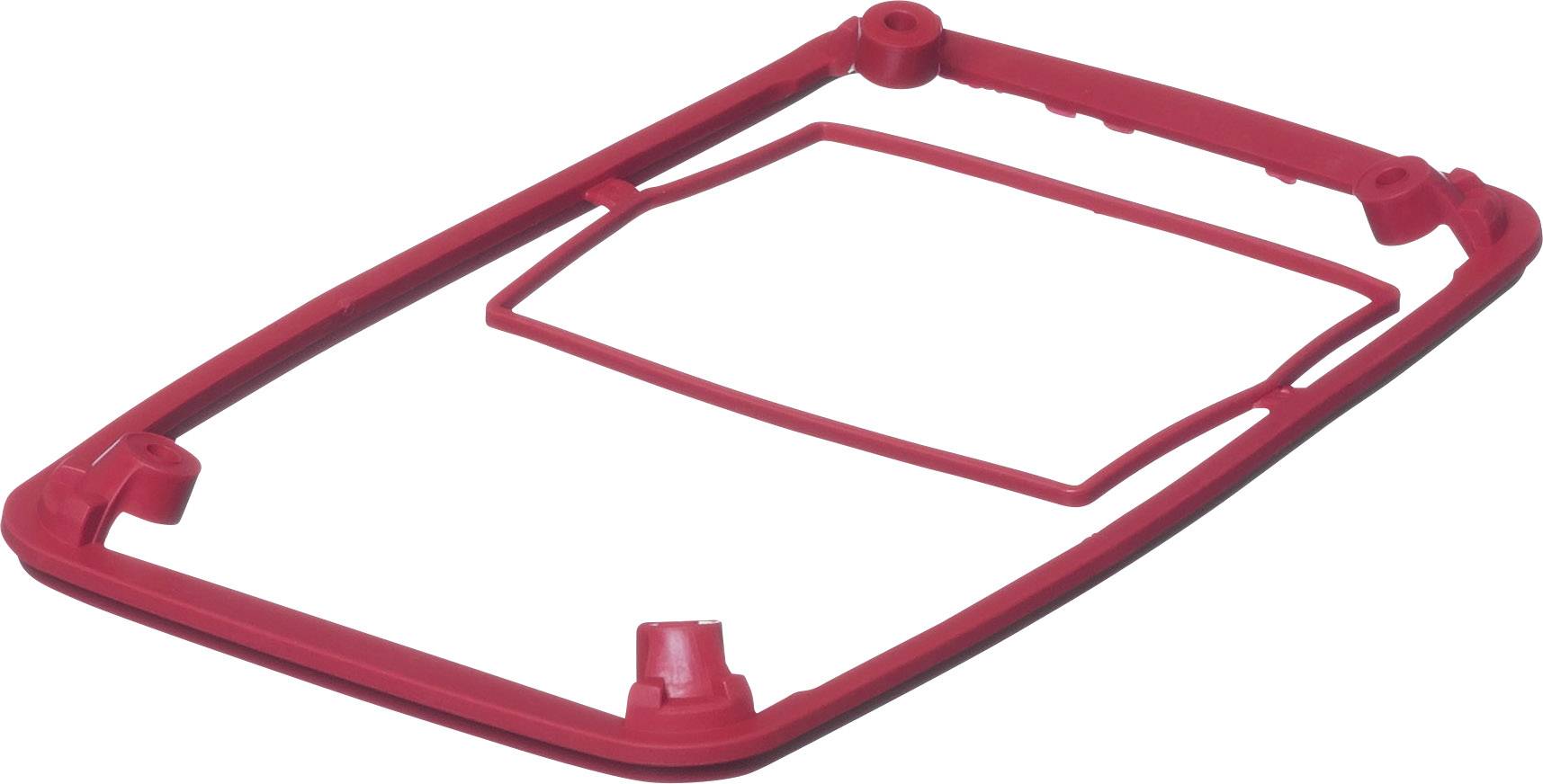 Red plastic frame with rectangular opening, possibly part of a device or enclosure.