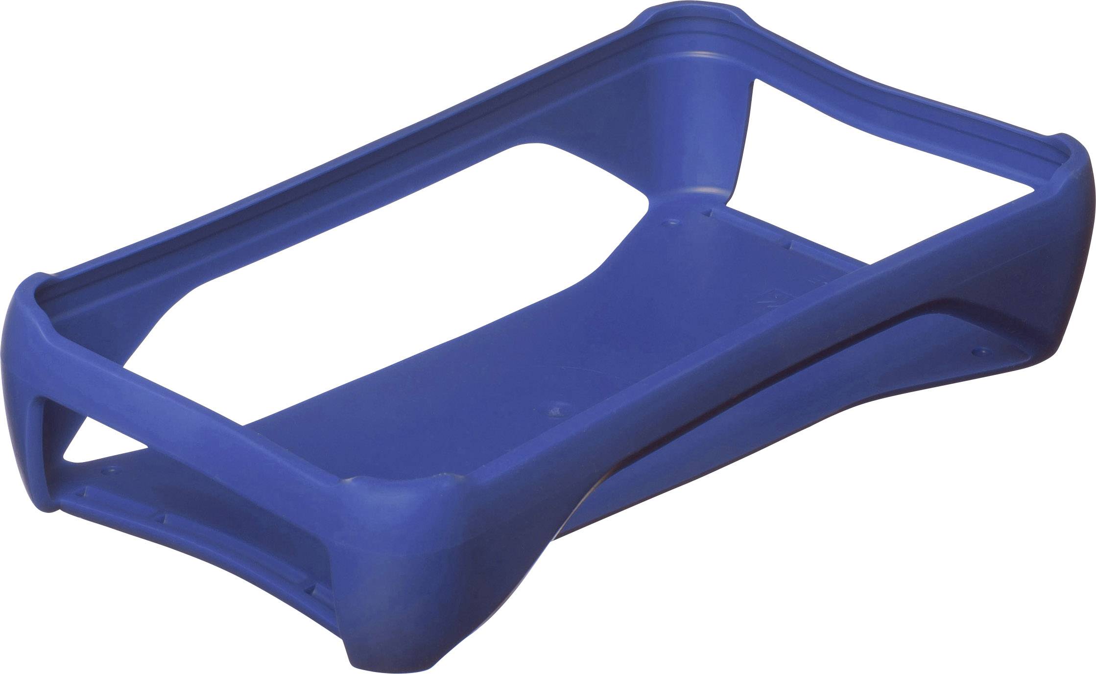 A blue, rectangular plastic tray with raised edges and open sides, likely used for stacking paper.