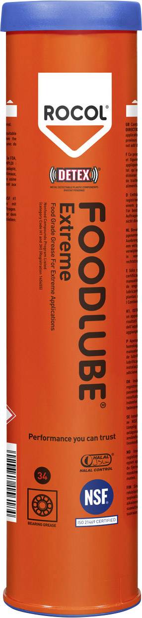 An orange ROCOL FOODLUBE Extreme lubricant can with a blue cap, NSF and ISO symbols, 'Performance you can trust' slogan.