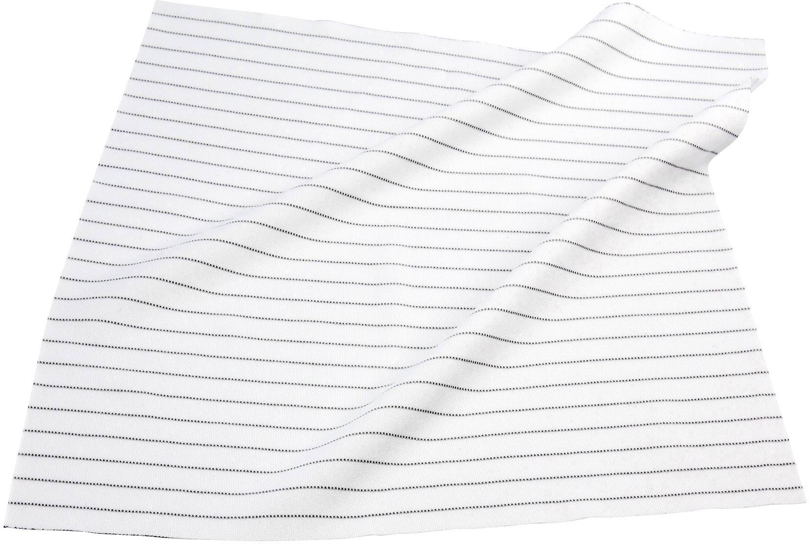 A white tea towel with black, horizontal stripes evenly distributed. It is loosely draped.