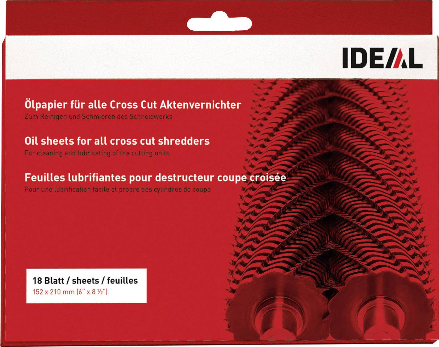 Oil paper for all cross-cut shredders. 18 sheets, 152 x 210 mm. Instructions in German, English and French on a red background.