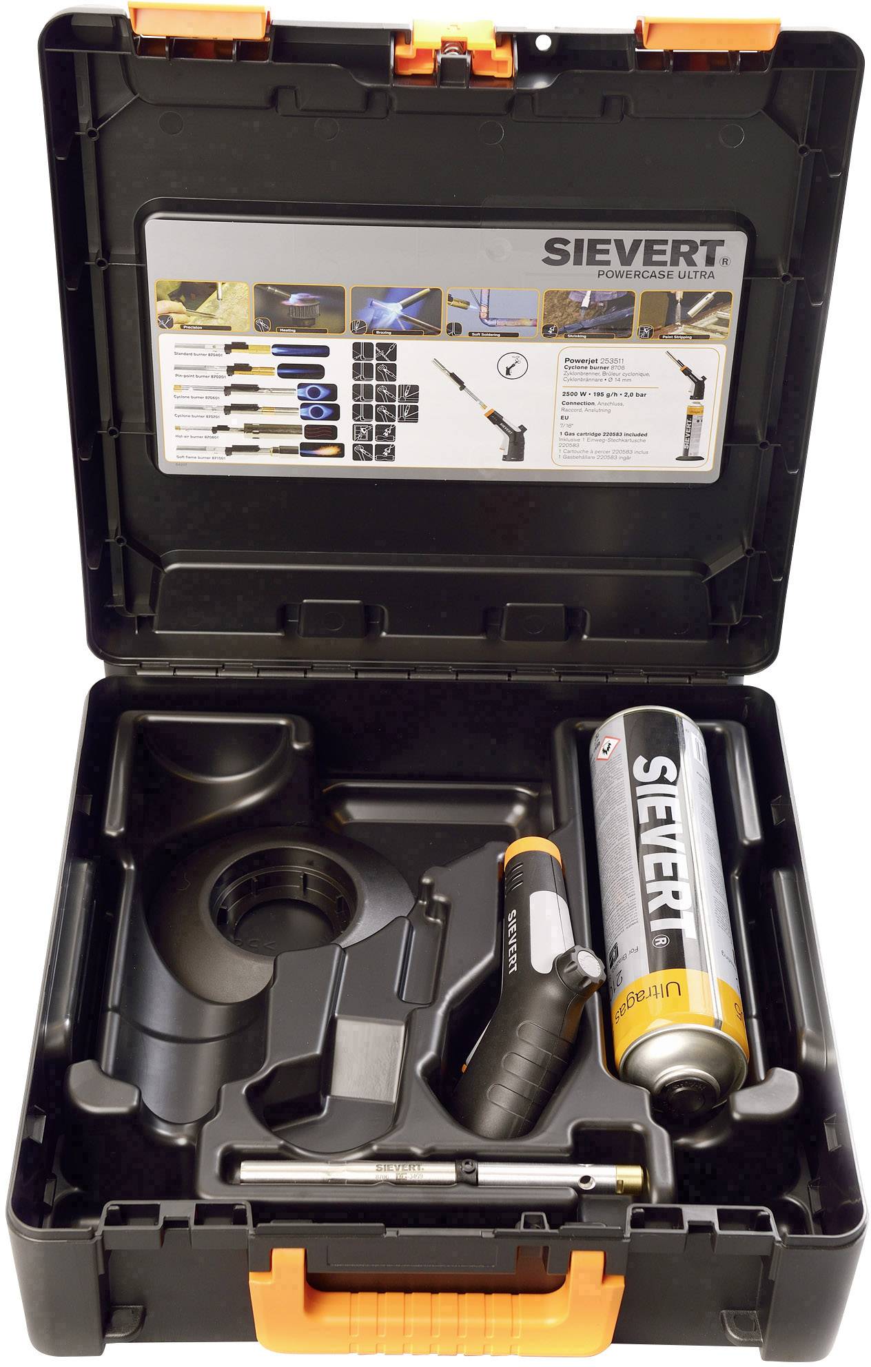 An open suitcase containing a hand burner set by Sievert, comprising a gas cylinder, burner, handle, and accessories.