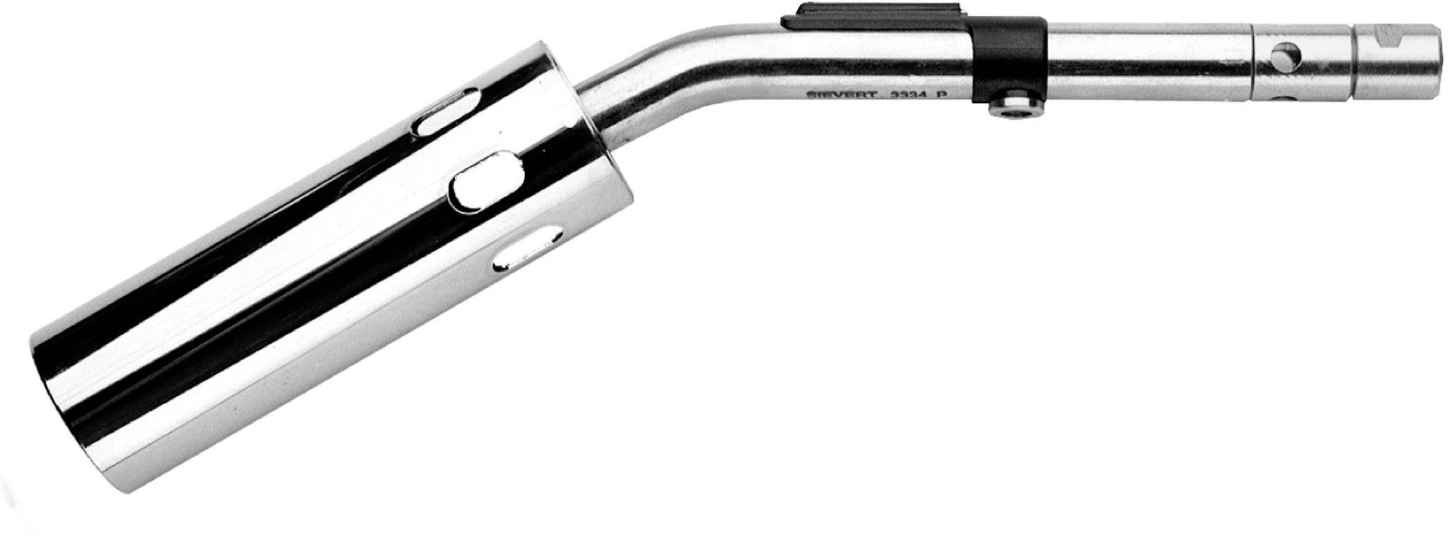 A silver gas torch used for soldering or heating. The torch has a long, straight nozzle and a handle surface.