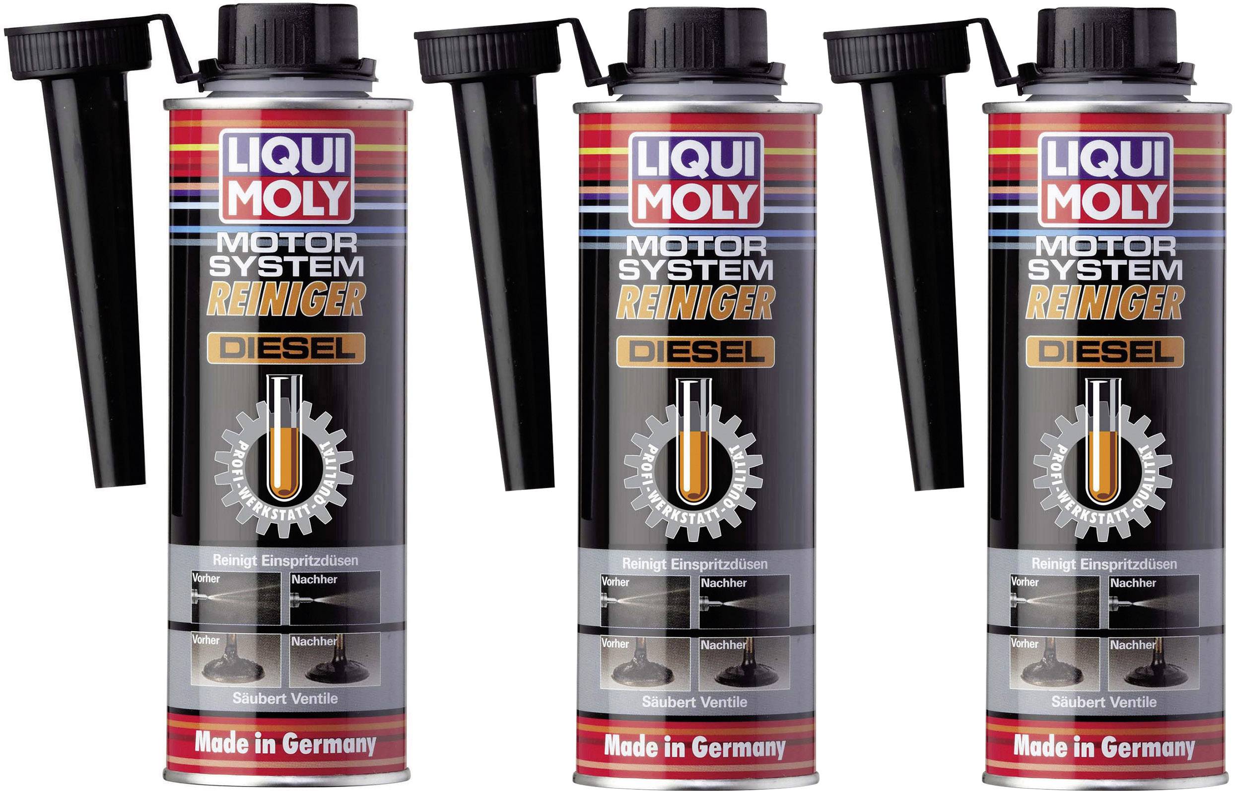 Three tins of 'Liqui Moly Motor System Cleaner Diesel' with removable lids. Text on the tin mentions cleaning effects. Made in Germany.