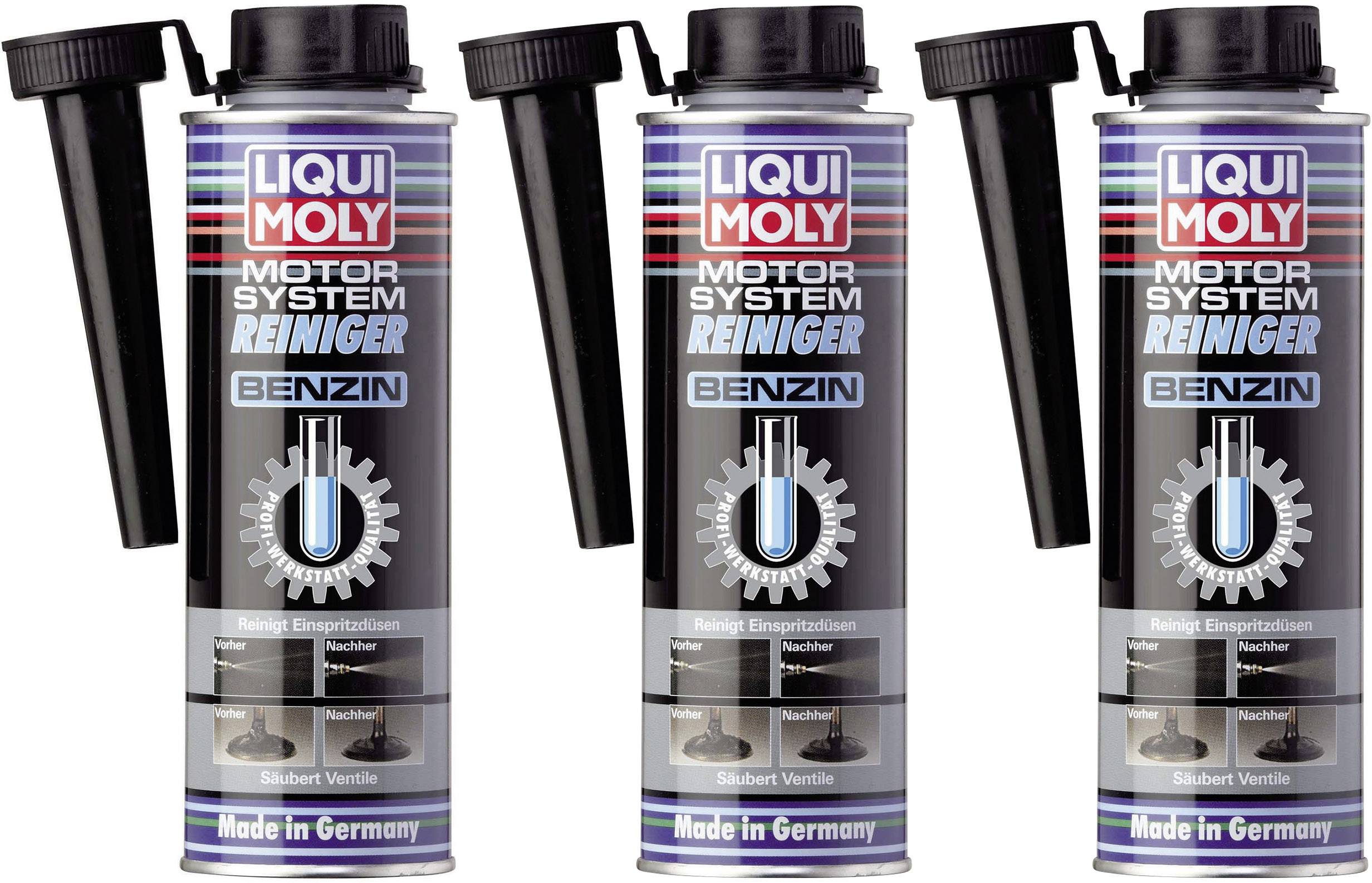 Three cans of Liqui Moly Motor System Cleaner Petrol, with nozzle, labelled 'Made in Germany', cleans fuel injectors.