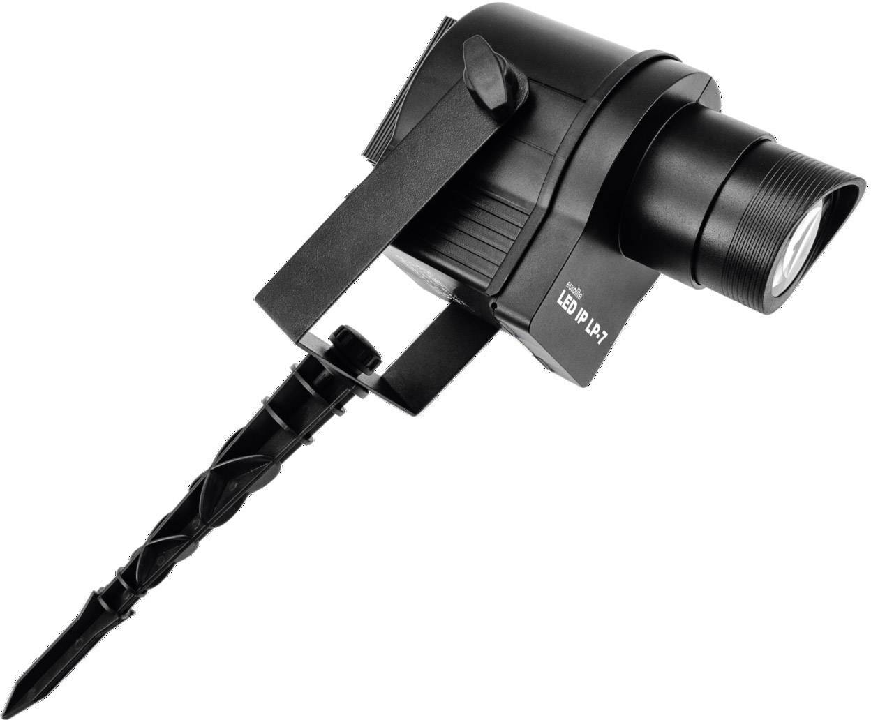 A black LED spotlight with ground spike, suitable for outdoor lighting. Ideal for gardens or pathways, robust and weatherproof.