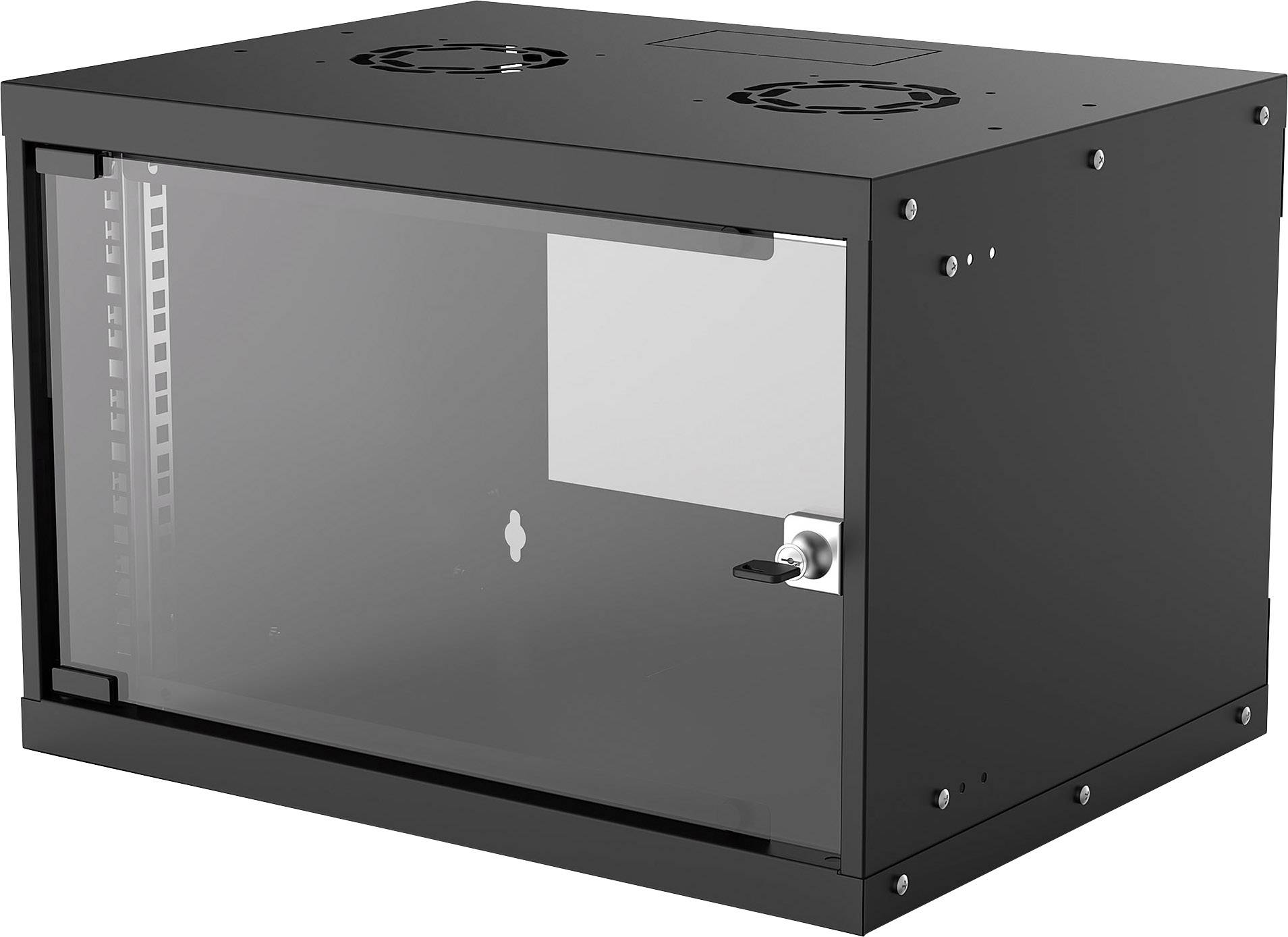 Black wall-mounted enclosure with glass door, two round ventilation openings at the top and a key lock. Ideal for network equipment.