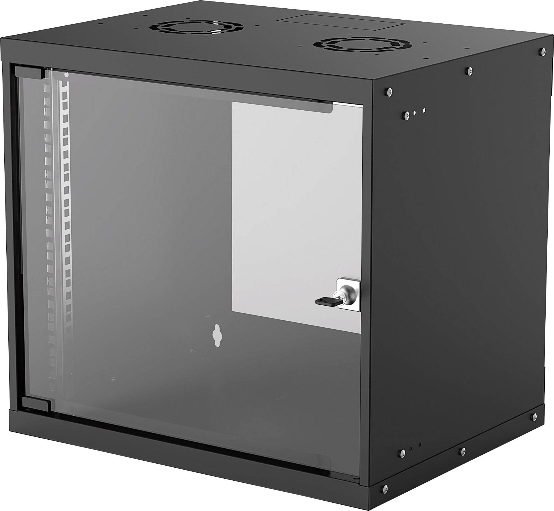Black wall-mounted cabinet rack for technical equipment, with glass door and lock, ventilation slots at the top for electronic equipment.