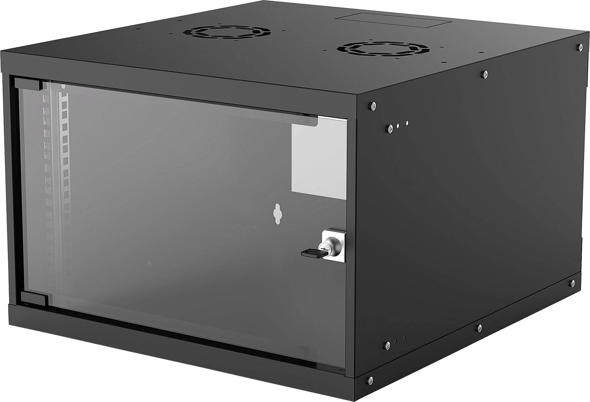 Black wall-mounted rack cabinet with glass door, suitable for secure storage of network equipment in IT environments.