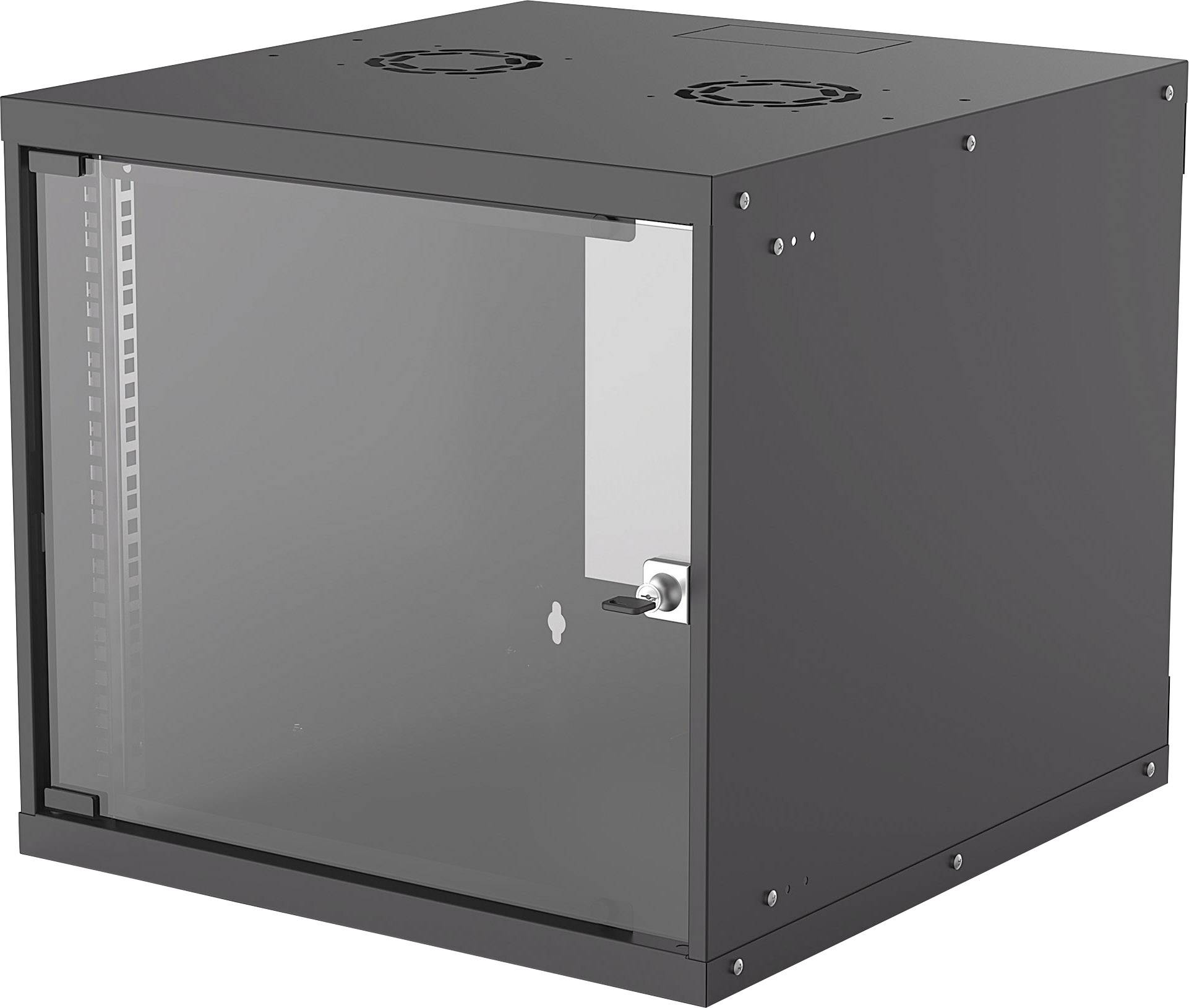 Black wall-mounted distribution cabinet with transparent front glass, door with locking mechanism, suitable for housing IT equipment.