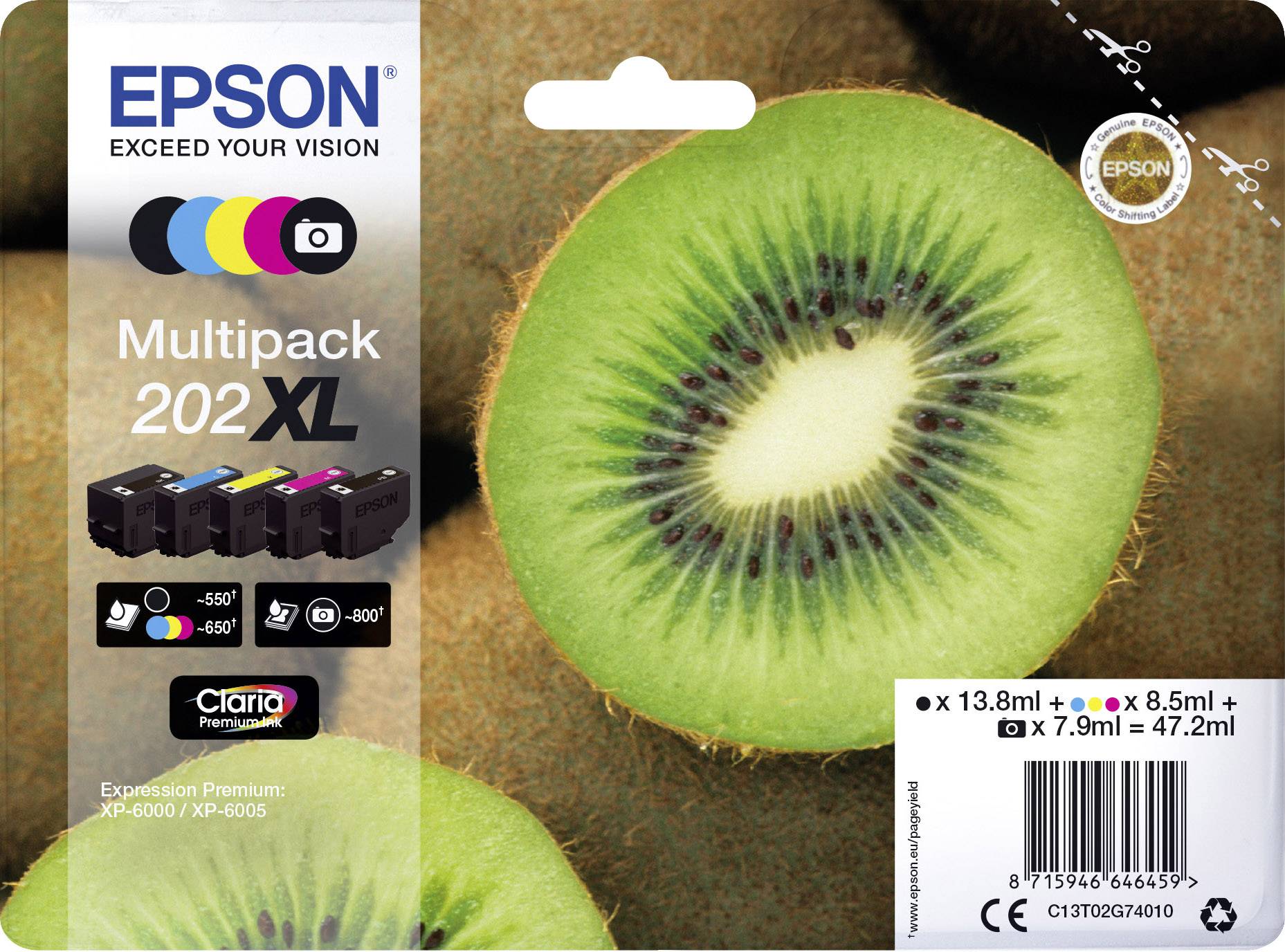Epson Ink cartridge T02G7, 202XL Original Set Black, Photo black, Cyan, Magenta, Yellow C13T02G74010