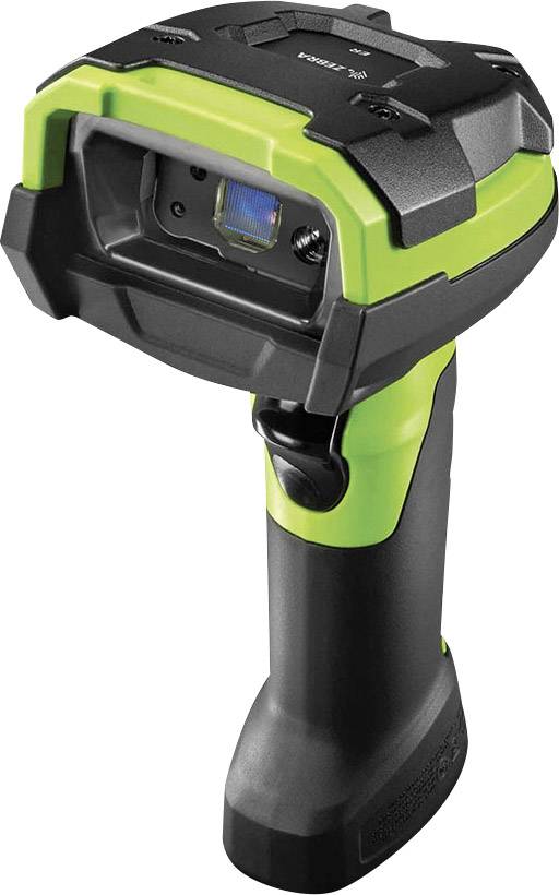 A green and black handheld barcode scanner. It is used for capturing barcodes and is commonly employed in retail and warehouse management.