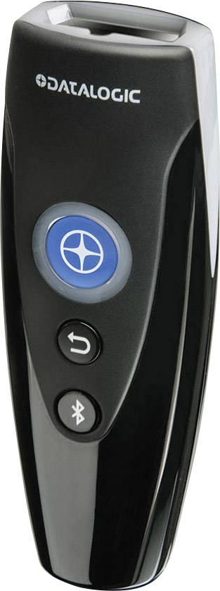 Portable barcode scanner by Datalogic, black with three buttons and a blue symbol in the centre.