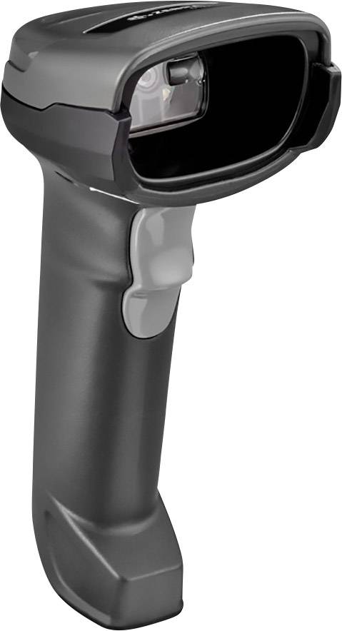 A black handheld scanner with an ergonomic grip, primarily used for scanning barcodes in retail or warehouse environments.