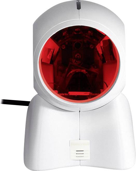 A barcode scanner with a red light window, suitable for retail, sits on a table.