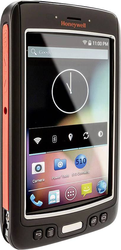 A portable electronic device with a touchscreen and multiple apps on the display. 'Honeywell' marking at the top of the casing.