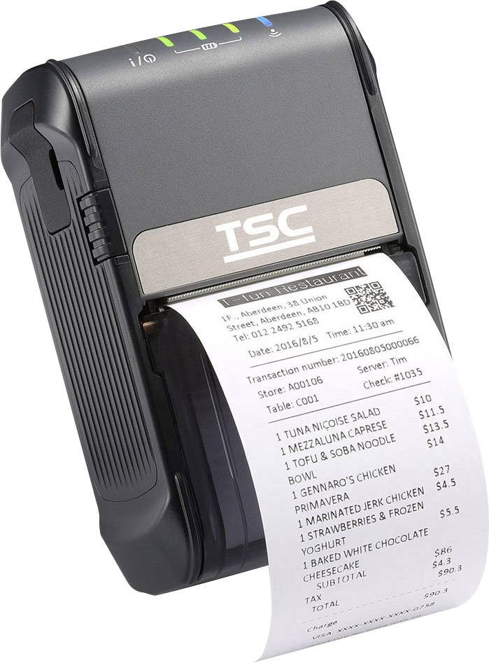 A portable receipt printer shows a printed receipt with items such as 'Tuna Nicoise Salad' and a total cost of £66.07.
