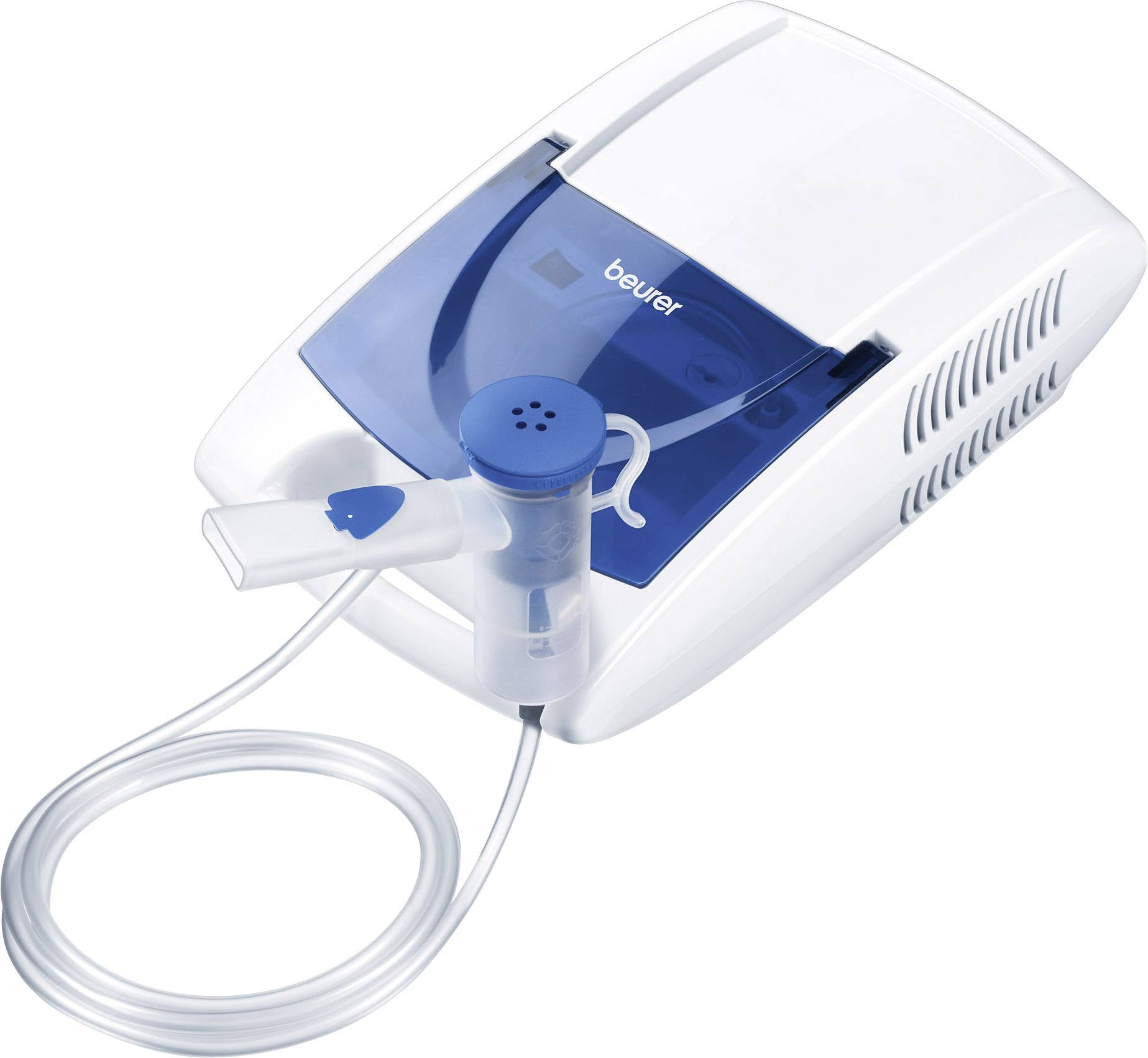 A white inhaler with a blue lid and tube for medical respiratory therapy. Brand name on the top surface.
