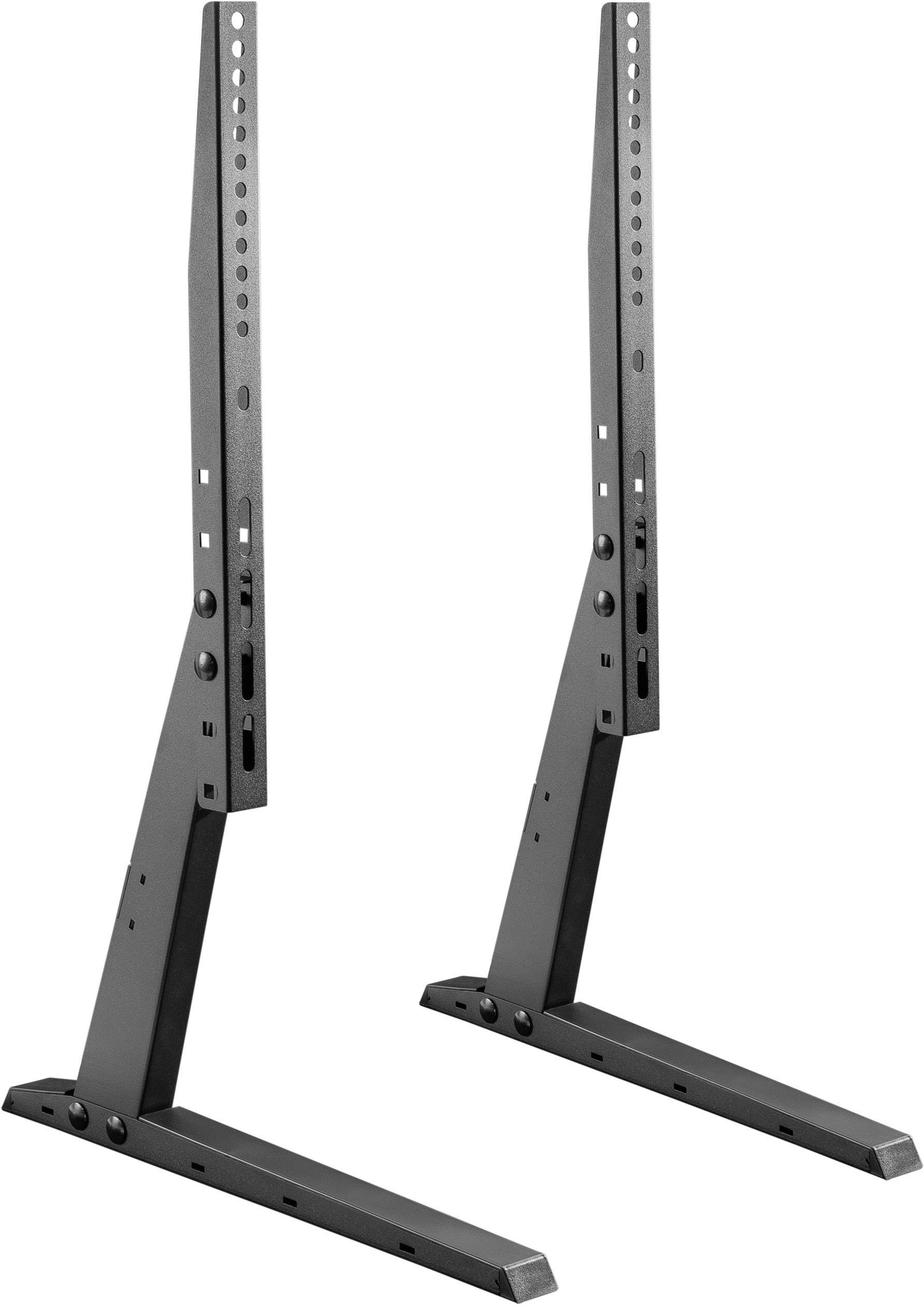 Two black metal stands with adjustable mounting holes, standing upright. Suitable for mounting displays.
