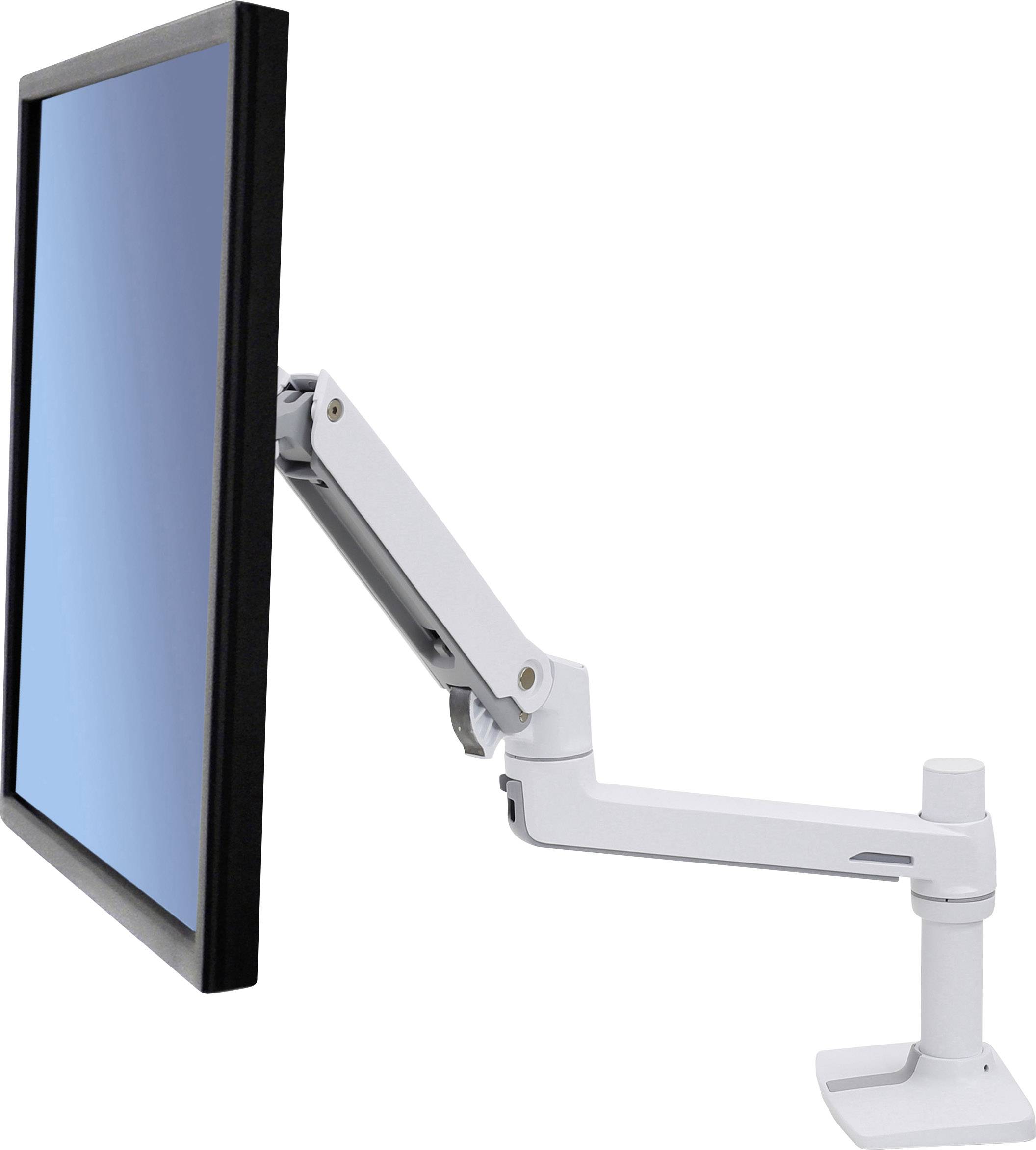 A flatscreen monitor is mounted on a flexible, height-adjustable arm. The arm allows tilting and rotation of the screen.