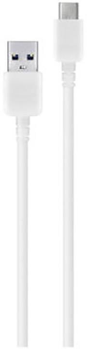 A white USB cable with a USB-A plug on the left side and a USB-C plug on the right.