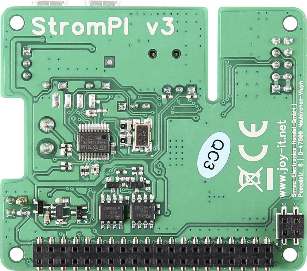 Green printed circuit board with electronic components and the inscription 'StromPI v3'.