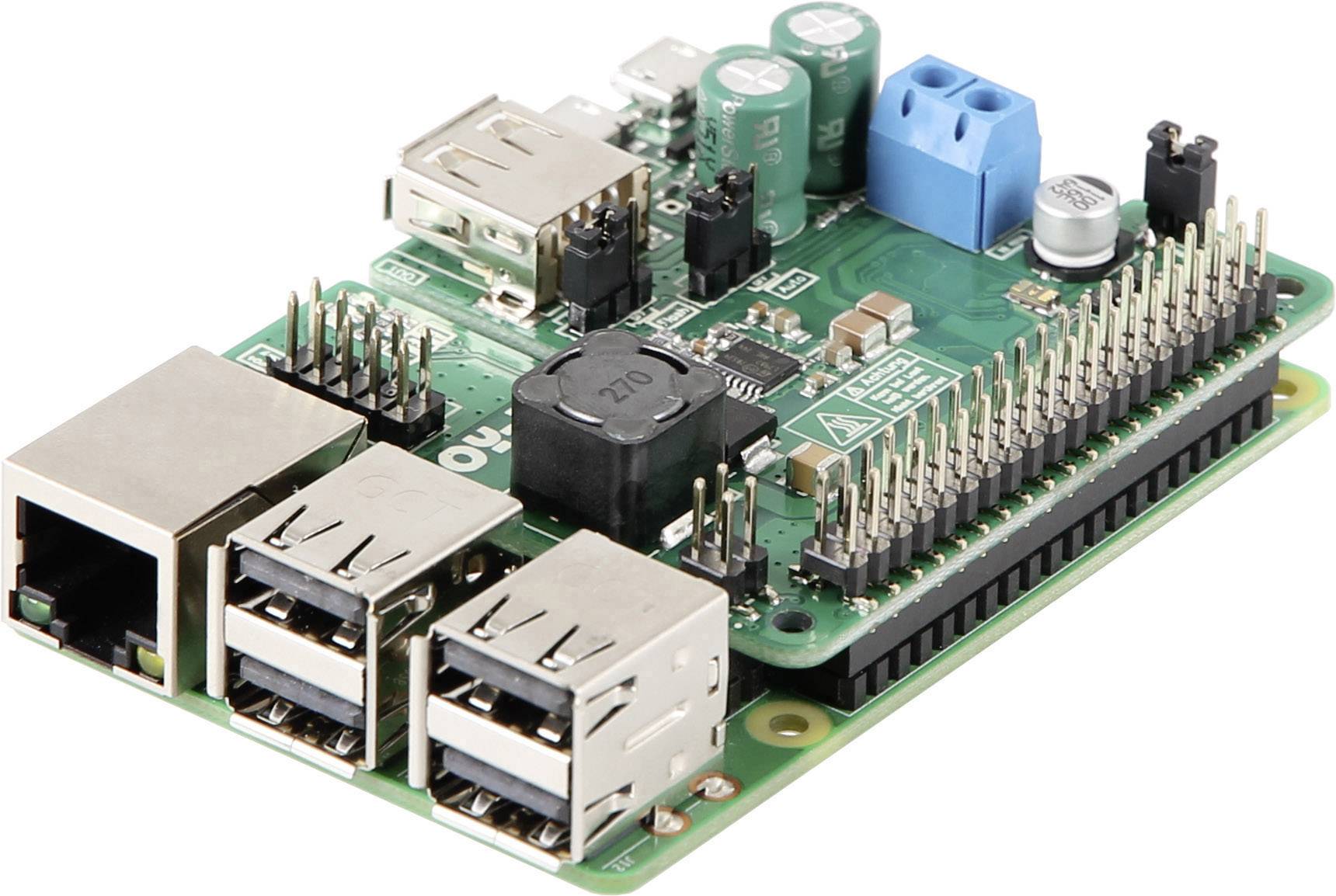 A green single-board computer with multiple USB ports, an Ethernet port, and connection sockets, used in electronics projects.