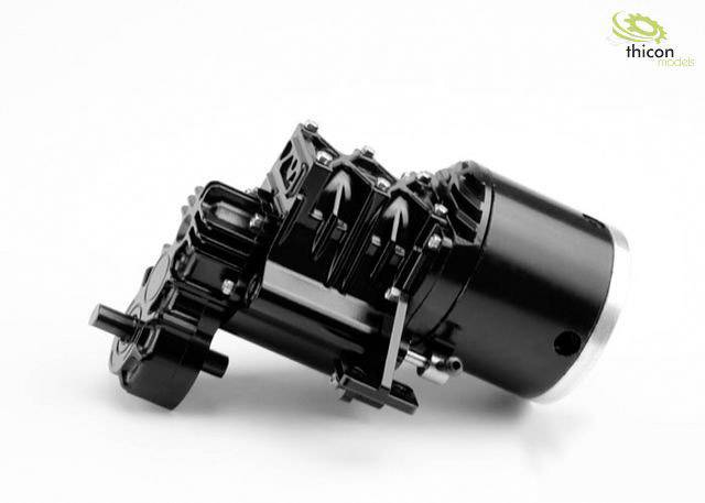 A black model engine gearbox lies on a white background. Top right reads 'thicon models'.