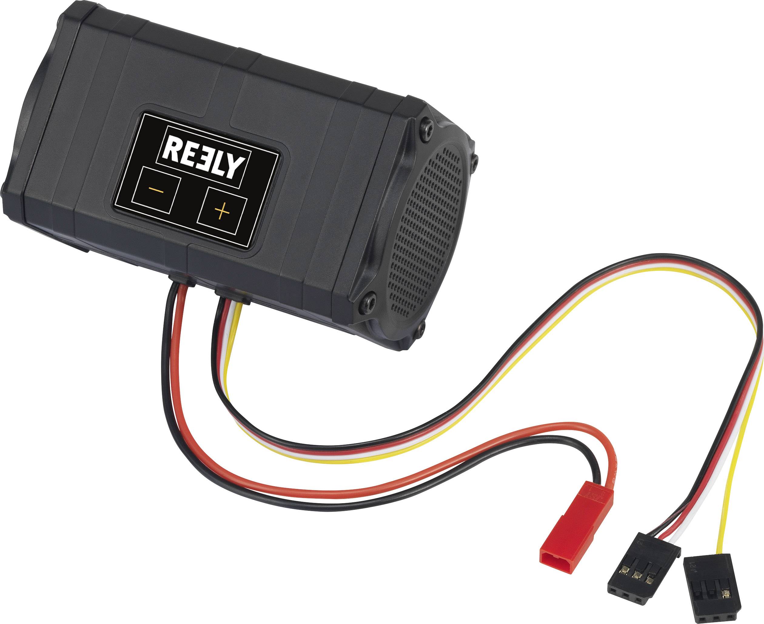 Black RC vehicle speaker module with integrated volume controls and multi-coloured connection cables.