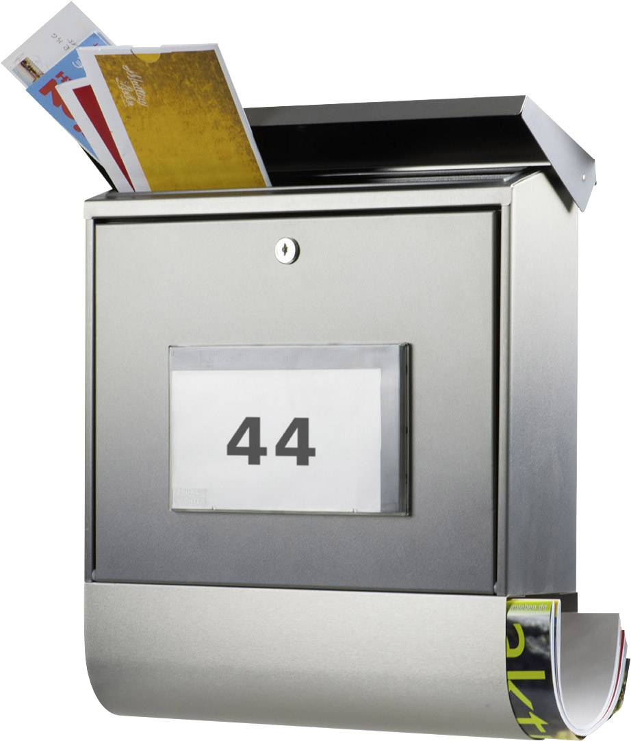 A silver letterbox numbered 44 contains several letters and leaflets. One of the leaflets is protruding from the bottom.