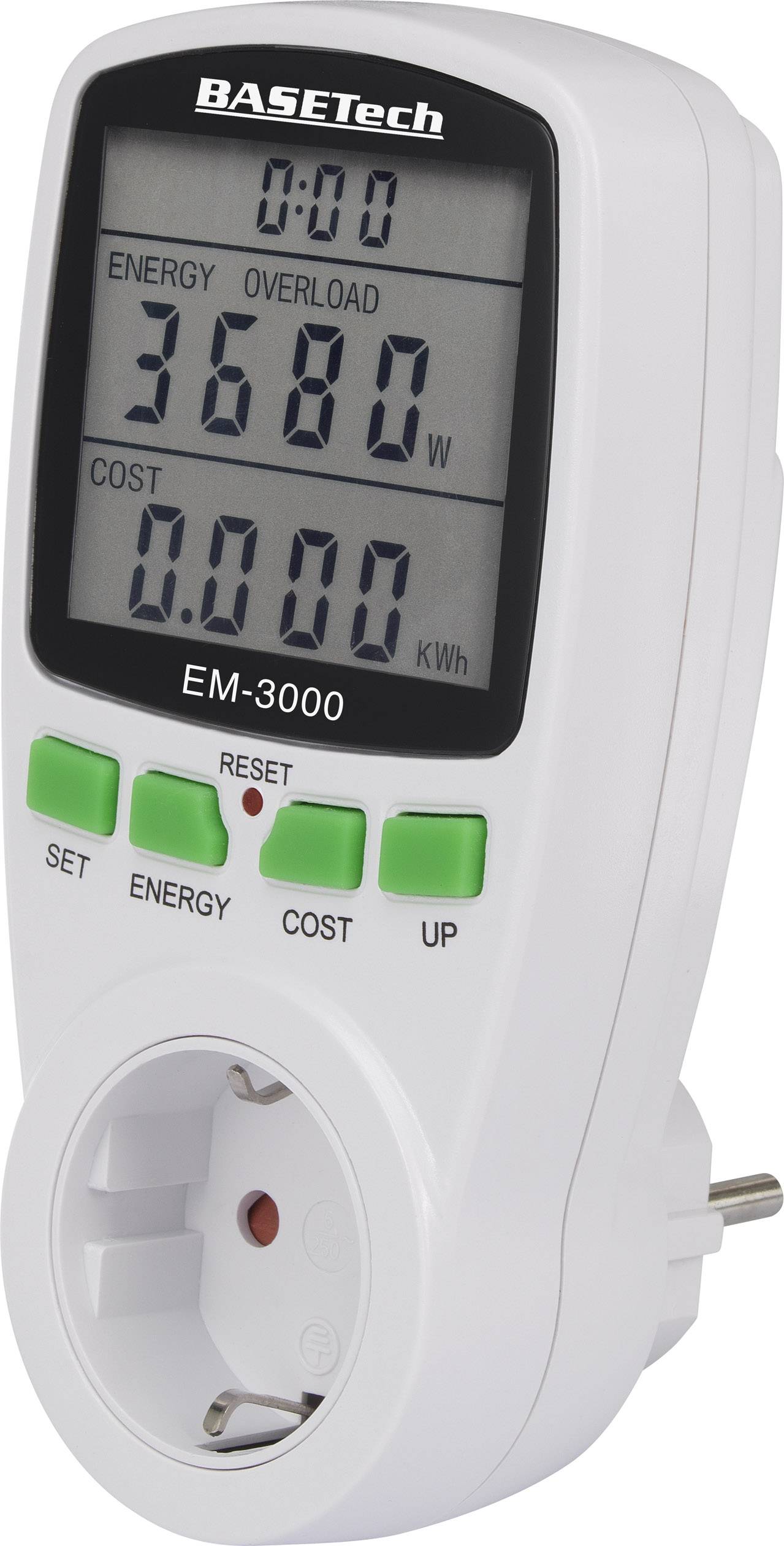 A white energy consumption meter displays an energy usage reading of '3680 W' on a digital display.