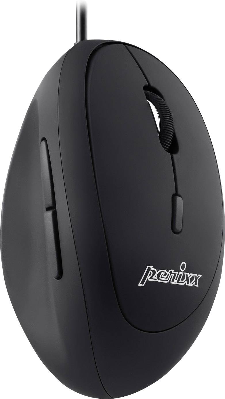 Vertical black ergonomic computer mouse with side buttons and cable, with the brand name 'perixx' visible.